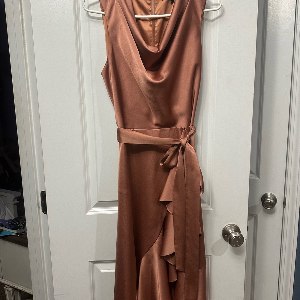 Alex Marie Asymmetrical Satin Dress in Copper